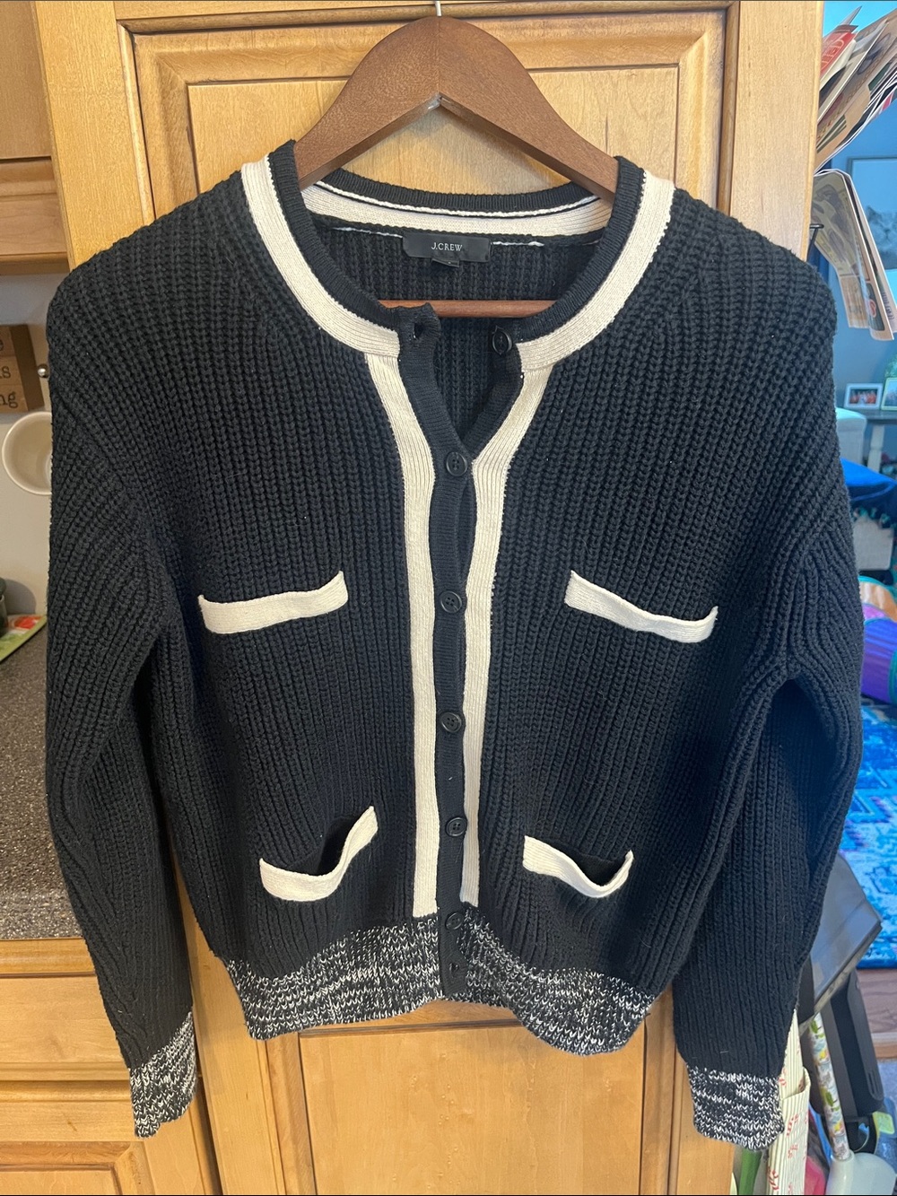 J. Crew Black Cardigan with Cream Trim and Front Pockets 100% Cotton
